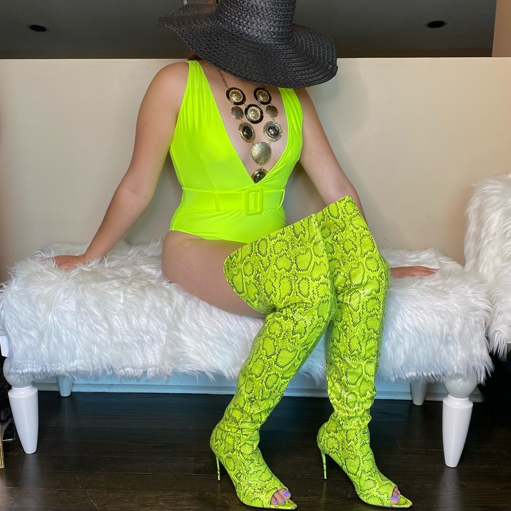Cape Robbin Toxic Lime Snake Thigh High Boots